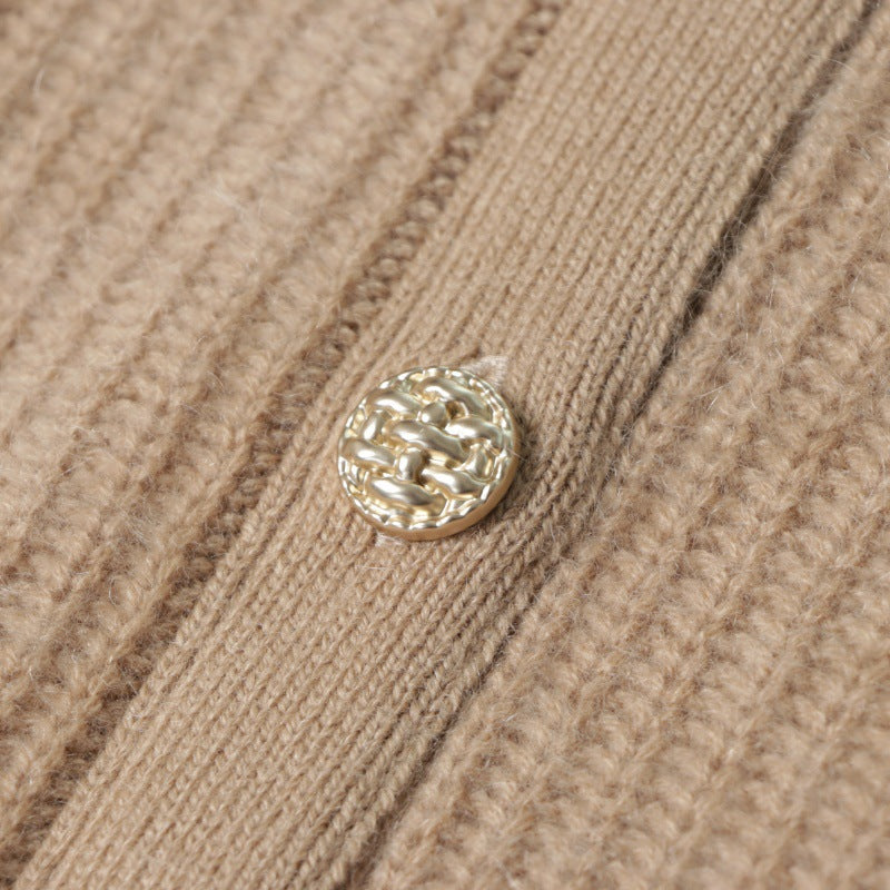 Brown Round Neck Long Sleeve Knit Cardigan Wool