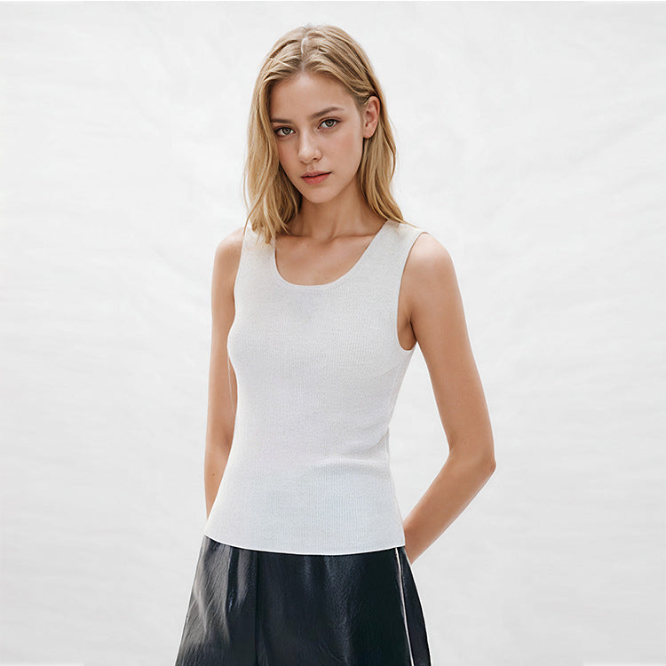 White Round Neck Sleeveless Knit Sweater Wool
