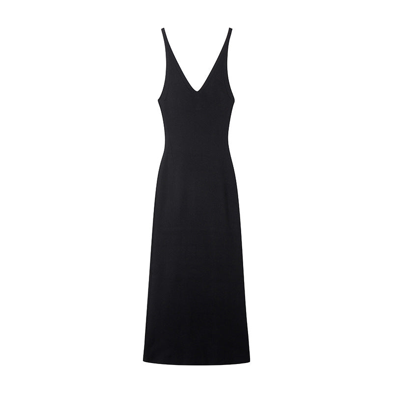 Women's Custom Black V-Neck Spaghetti Strap Knit Maxi Dress | OEM/ODM Knitwear Manufacturer