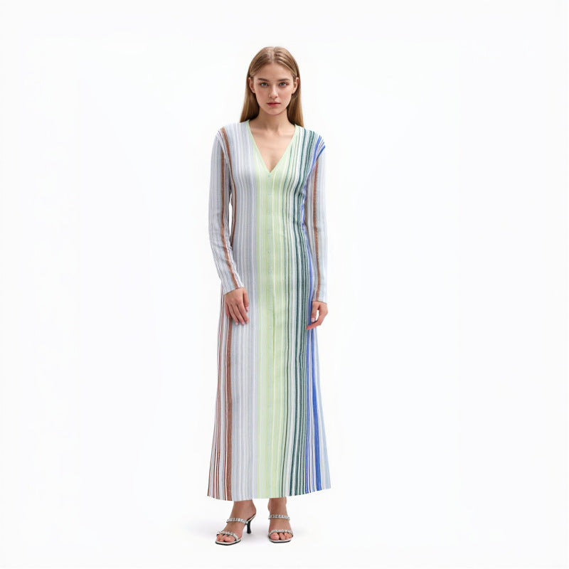 Women's Custom Green V-Neck Long Sleeve Knit Dress