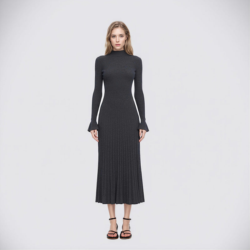 Women's Custom Gray High Neck Long Sleeve Wool Knit Dress | OEM/ODM Knitwear Manufacturer
