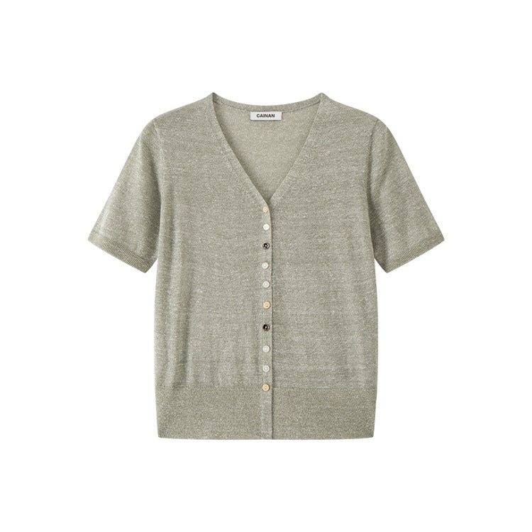 Women's Custom Blue V-Neck Short Sleeve Button-Front Wool Knit Cardigan | OEM/ODM Knitwear Manufacturer