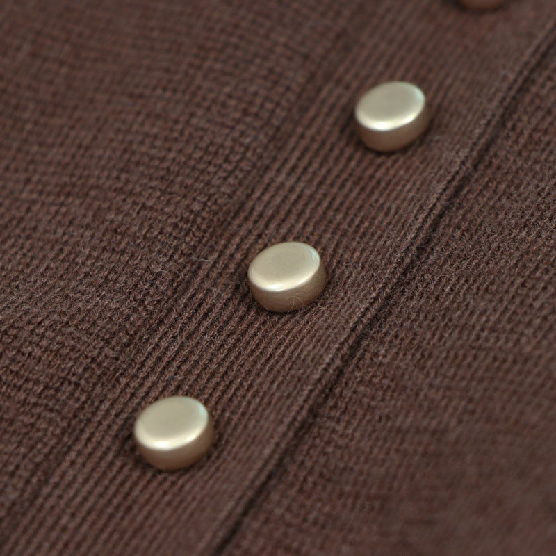 Coffee Lapel Long Sleeve Knit Dress Wool