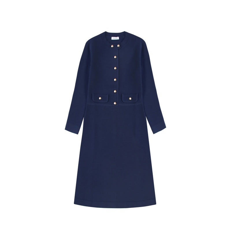 Women's Custom Blue Round Neck Long Sleeve Knit Dress | OEM/ODM Knitwear Manufacturer