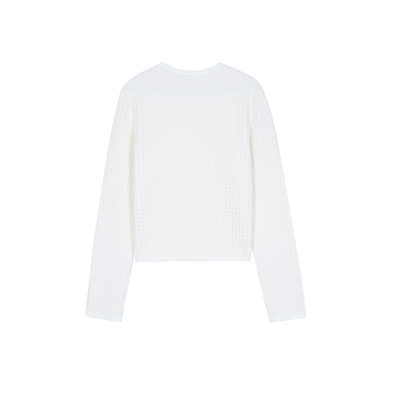 Women's Custom White Round Neck Long Sleeve Knit Cardigan | OEM/ODM Knitwear Manufacturer