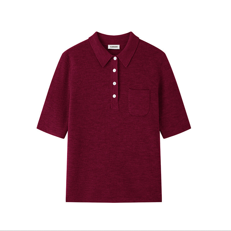 Women's Custom Blue Polo Collar Short Sleeve Wool Knit Sweater | OEM/ODM Knitwear Manufacturer
