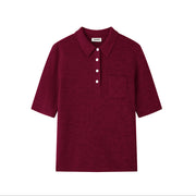 Women's Custom Blue Polo Collar Short Sleeve Wool Knit Sweater | OEM/ODM Knitwear Manufacturer