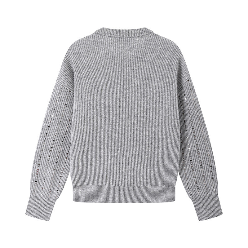 Gray Round Neck Long Sleeve Knit Sweater Wool