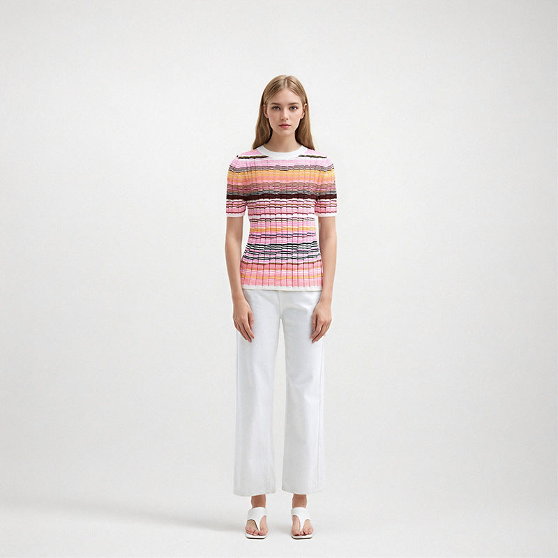 Women's Round Neck Short Sleeve Tencel Knit Sweater
