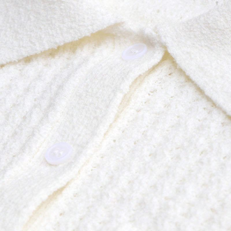 Women's Custom White Polo Collar Short Sleeve Cotton Knit Sweater | OEM/ODM Knitwear Manufacturer