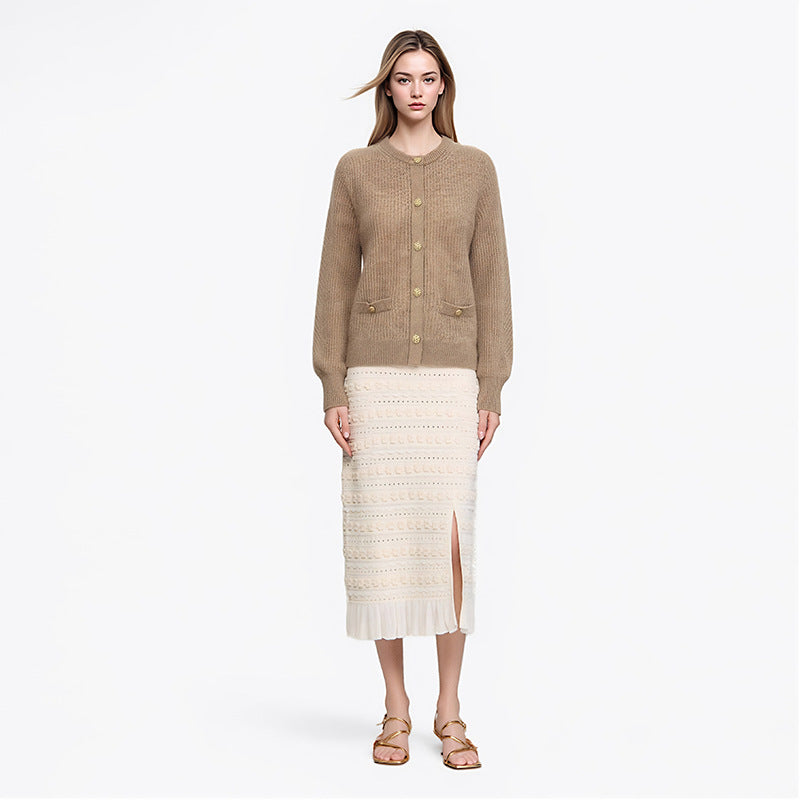 Brown Round Neck Long Sleeve Knit Cardigan Wool
