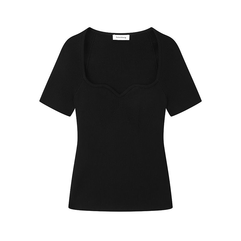 Black Sweetheart Neck Short Sleeve Knit Sweater