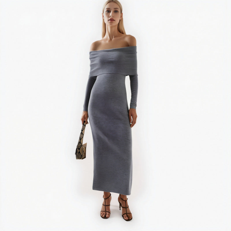 Gray Off Shoulder Long Sleeve Knit Dress Wool