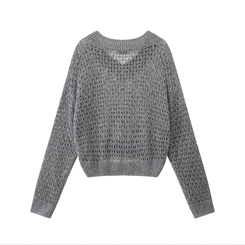 Women's Custom Gray V-Neck Long Sleeve Knit Sweater | OEM/ODM Knitwear Manufacturer