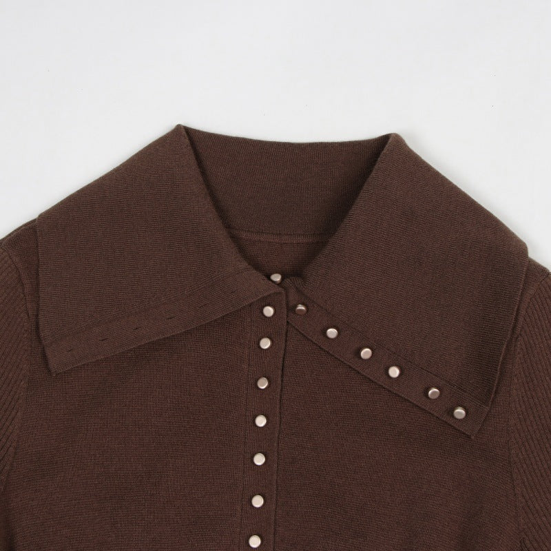 Coffee Lapel Long Sleeve Knit Dress Wool