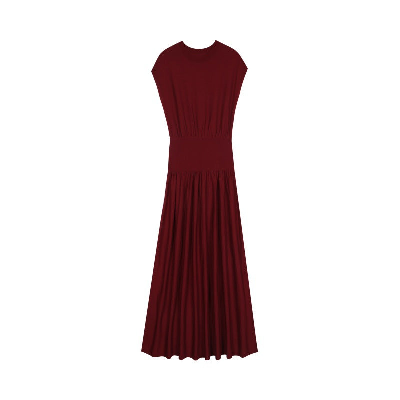 Women's Custom Burgundy Round Neck Short Sleeve Wool Knit Dress | OEM/ODM Knitwear Manufacturer
