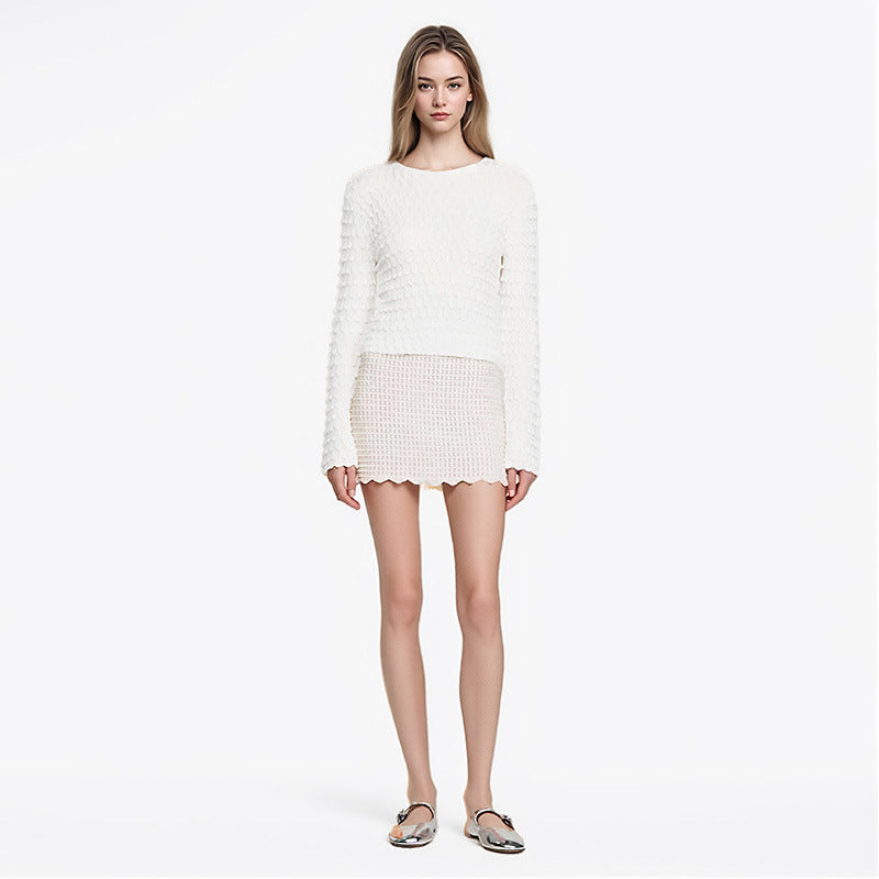 White Round Neck Long Sleeve Knit Sweater Wool