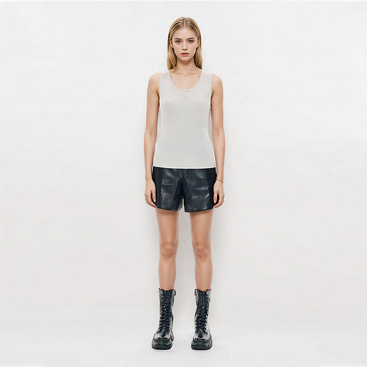 White Round Neck Sleeveless Knit Sweater Wool