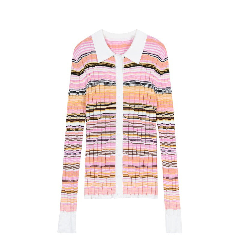Women's Custom Pink Polo Collar Long Sleeve Tencel Knit Sweater