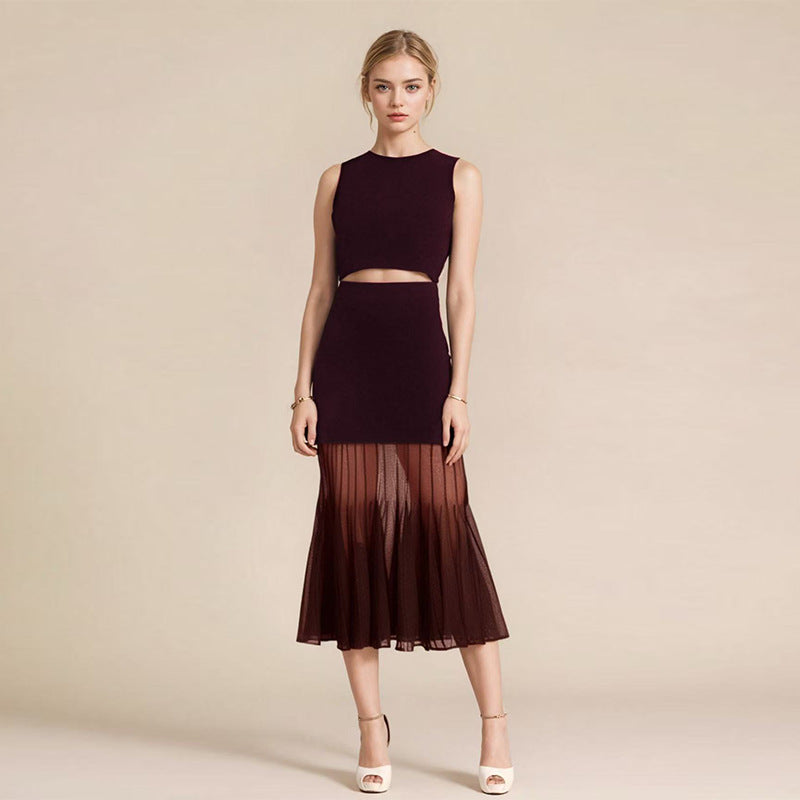 Black Round Neck Sleeveless Knit Skirt