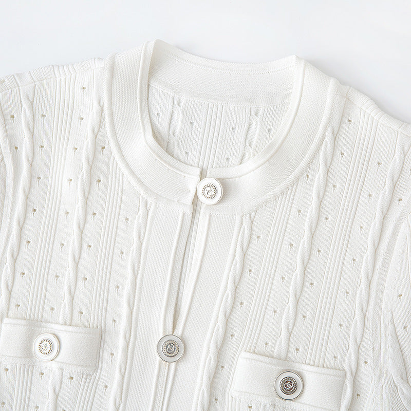 Women's Custom White Round Neck Short Sleeve Knit Dress | OEM/ODM Knitwear Manufacturer