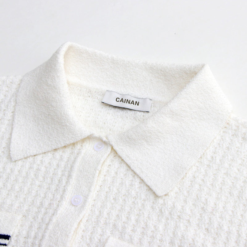Women's Custom White Polo Collar Short Sleeve Cotton Knit Sweater | OEM/ODM Knitwear Manufacturer