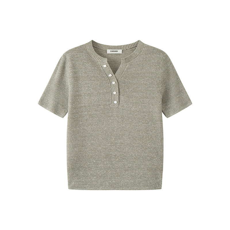 Women's Custom Blue V-Neck Short Sleeve Wool Knit Sweater | OEM/ODM Knitwear Manufacturer