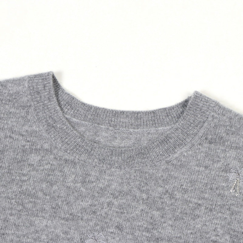 Gray Round Neck Short Sleeve Knit Sweater Wool