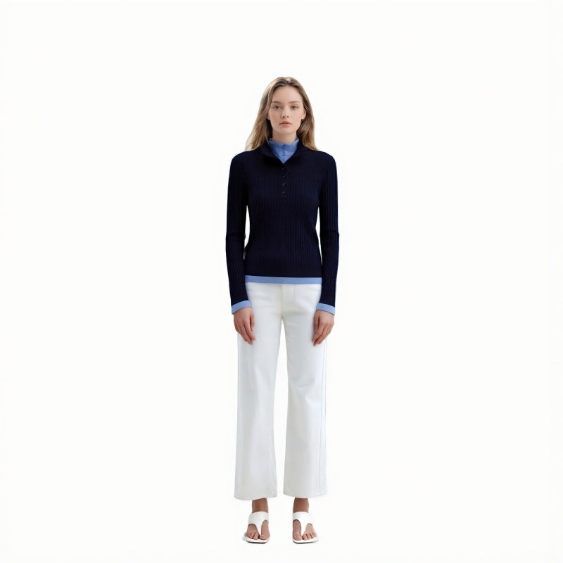 Women's Custom Blue High Neck Long Sleeve Wool Knit Sweater | OEM/ODM Knitwear Manufacturer