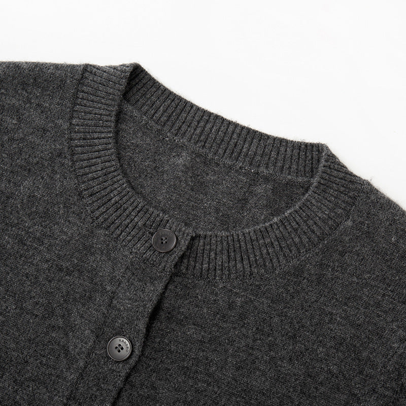 Women's Custom Gray Round Neck Long Sleeve Wool Knit Cardigan | OEM/ODM Knitwear Manufacturer