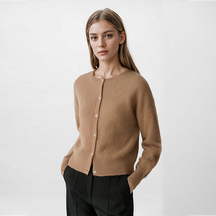 Camel Round Neck Long Sleeve Knit Cardigan Wool