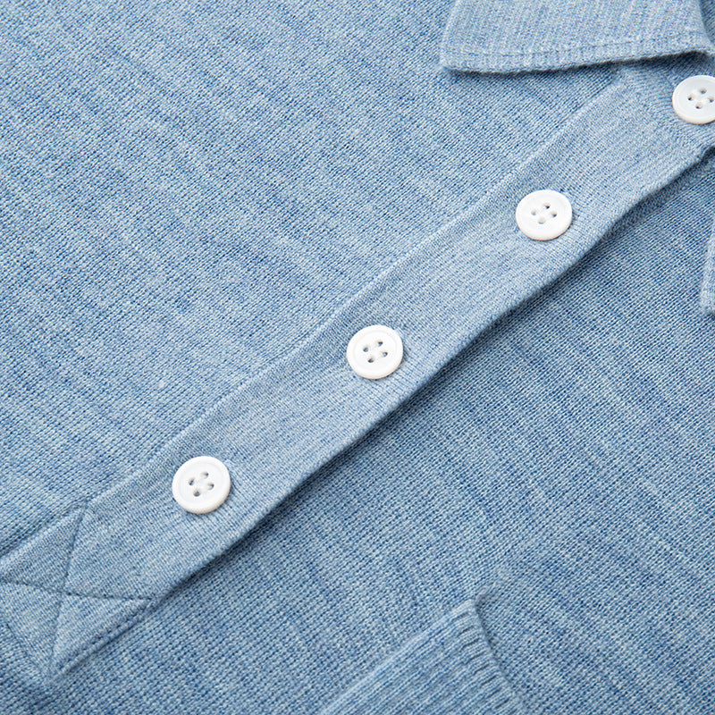 Women's Custom Blue Polo Collar Short Sleeve Wool Knit Sweater | OEM/ODM Knitwear Manufacturer