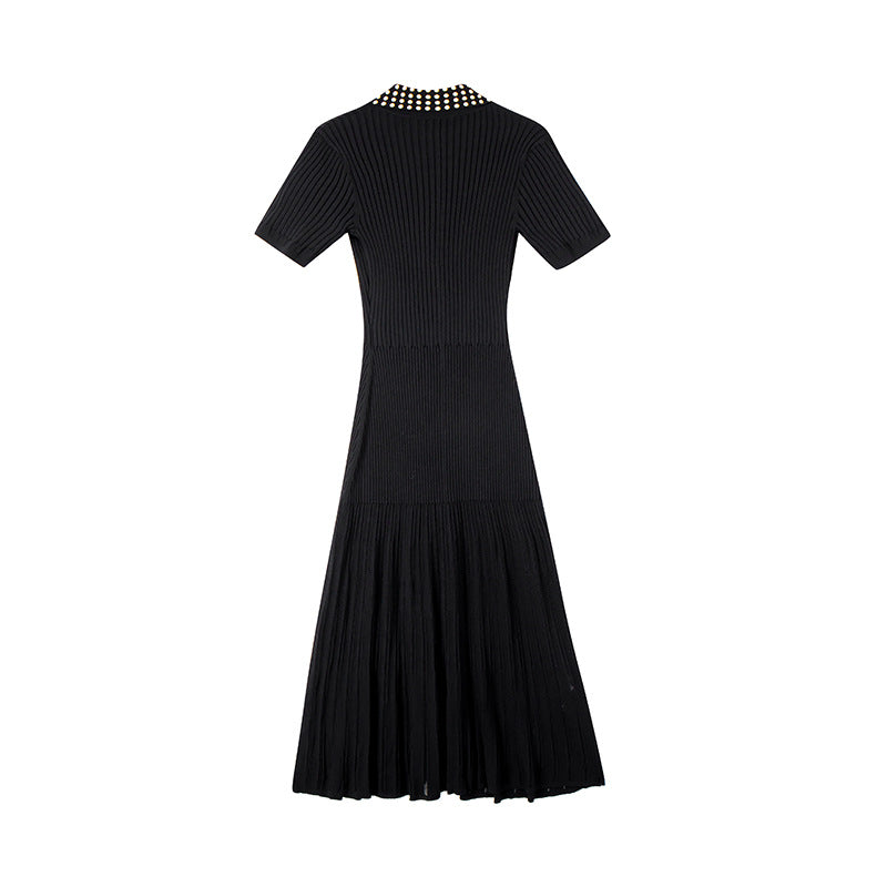 Women's Custom Black Lapel Short Sleeve Knit Dress | OEM/ODM Knitwear Manufacturer