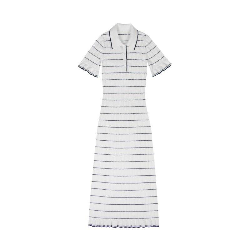 Women's Custom White Lapel Short Sleeve Knit Dress | OEM/ODM Knitwear Manufacturer