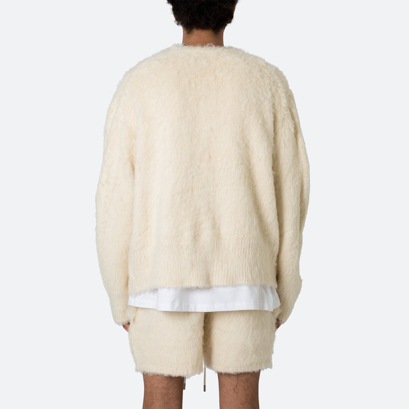 Custom OEM & ODM Men Two Piece Short Set Sweater Fuzzy Long Sleeve Cardigan Knitted Shorts Knitwear Men Mohair Set