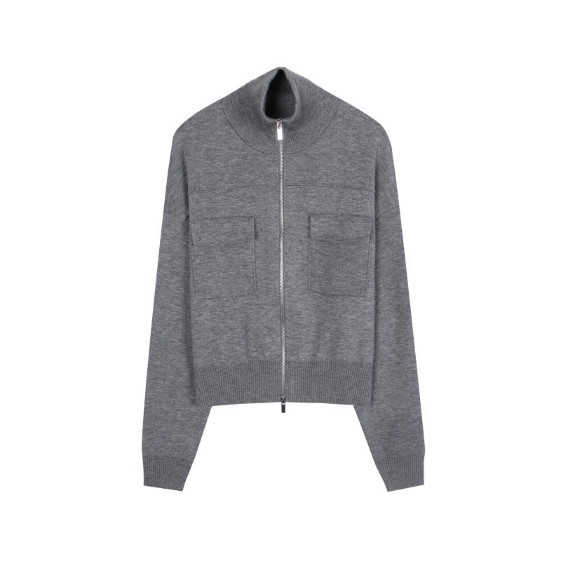 Gray Lapel Long Sleeve Knit Sweater Wool