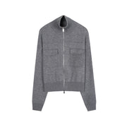 Gray Lapel Long Sleeve Knit Sweater Wool