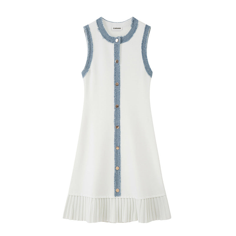 Women's Custom White Round Neck Sleeveless Button-Front Knit Maxi Dress | OEM/ODM Knitwear Manufacturer