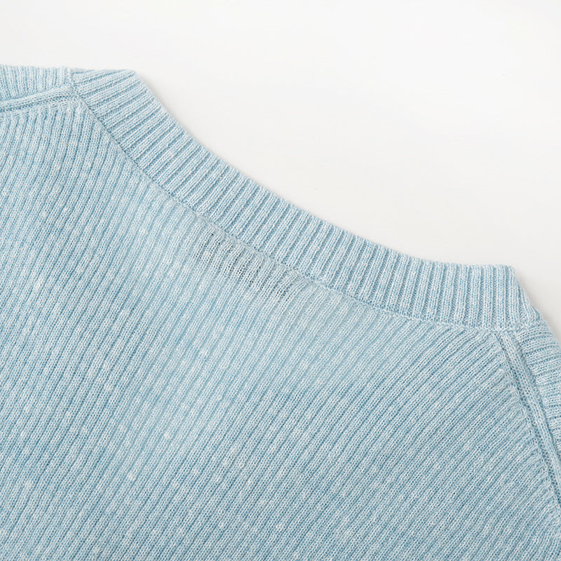 Women's Custom Blue V-Neck Short Sleeve Wool Knit Sweater | OEM/ODM Knitwear Manufacturer