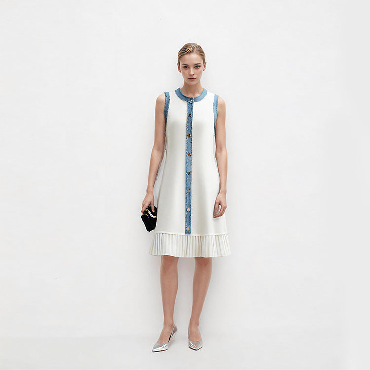 Women's Custom White Round Neck Sleeveless Button-Front Knit Maxi Dress | OEM/ODM Knitwear Manufacturer