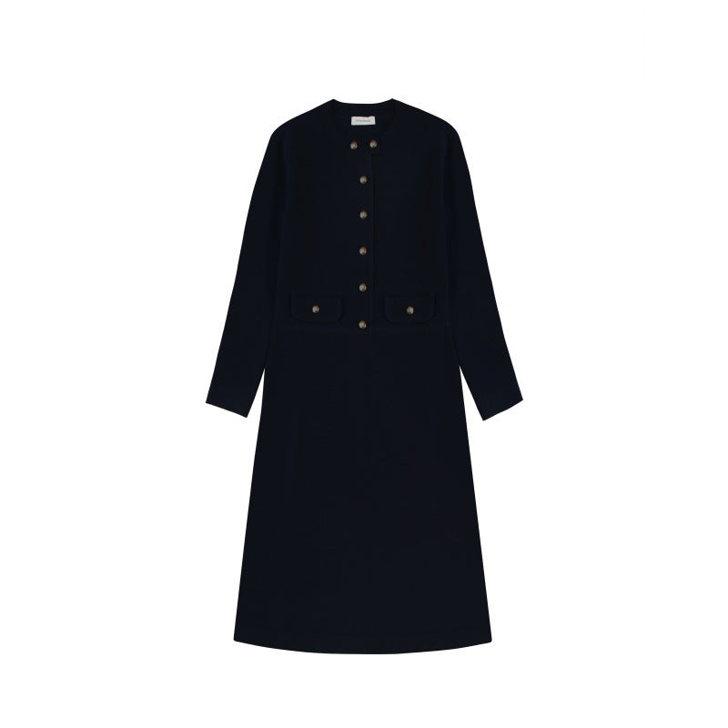 Women's Custom Blue Round Neck Long Sleeve Knit Dress | OEM/ODM Knitwear Manufacturer