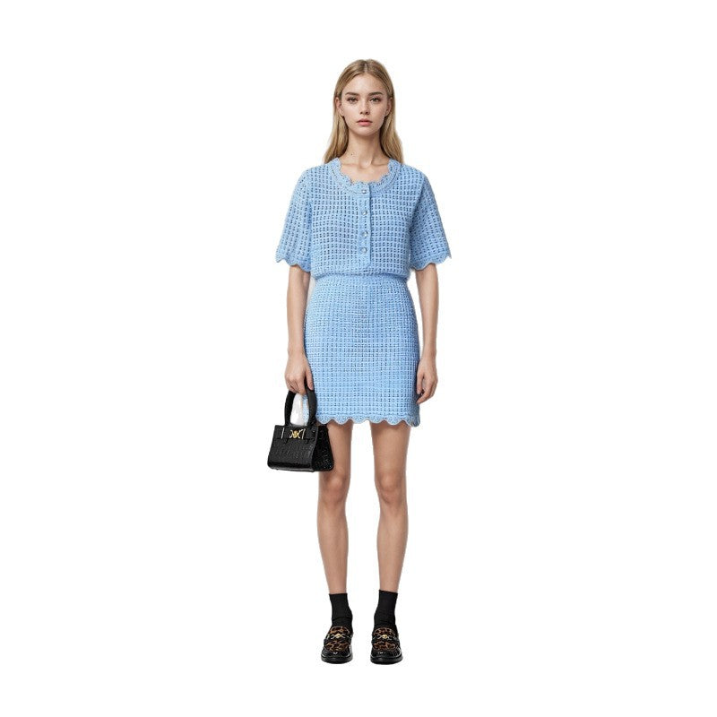 Women's Custom Blue Short Sleeve Knit Top & Pants Set | OEM/ODM Knitwear Manufacturer