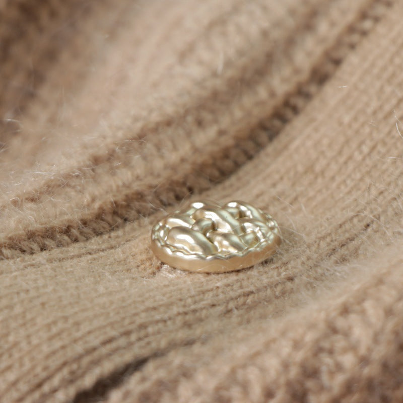 Brown Round Neck Long Sleeve Knit Cardigan Wool