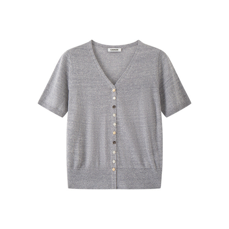 Women's Custom Blue V-Neck Short Sleeve Button-Front Wool Knit Cardigan | OEM/ODM Knitwear Manufacturer