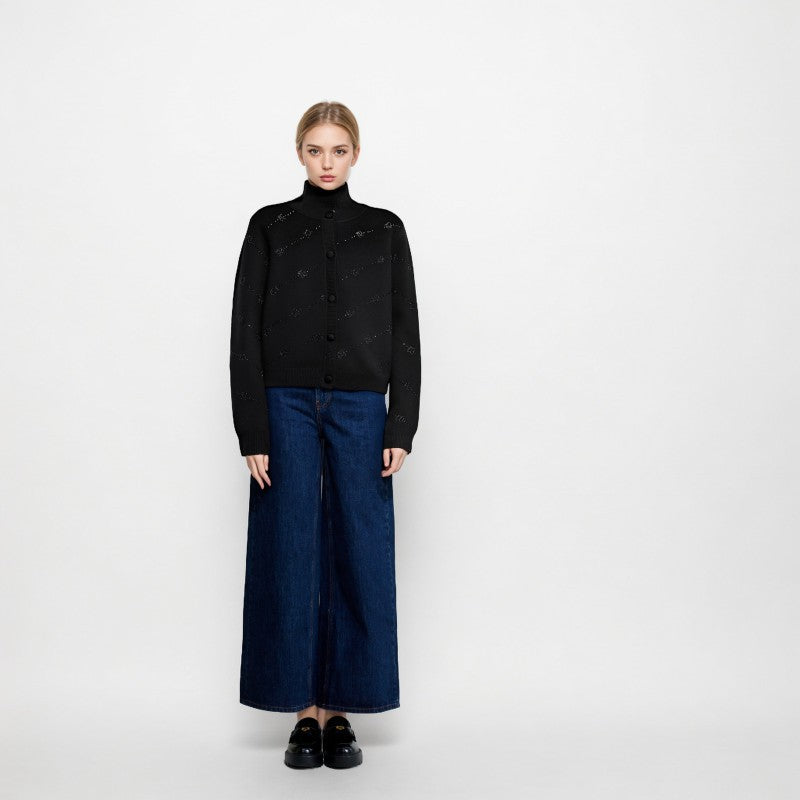 Women's Custom Black Round Neck Long Sleeve Wool Knit Sweater | OEM/ODM Knitwear Manufacturer