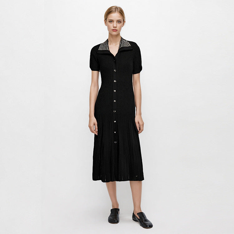 Women's Custom Black Lapel Short Sleeve Knit Dress | OEM/ODM Knitwear Manufacturer