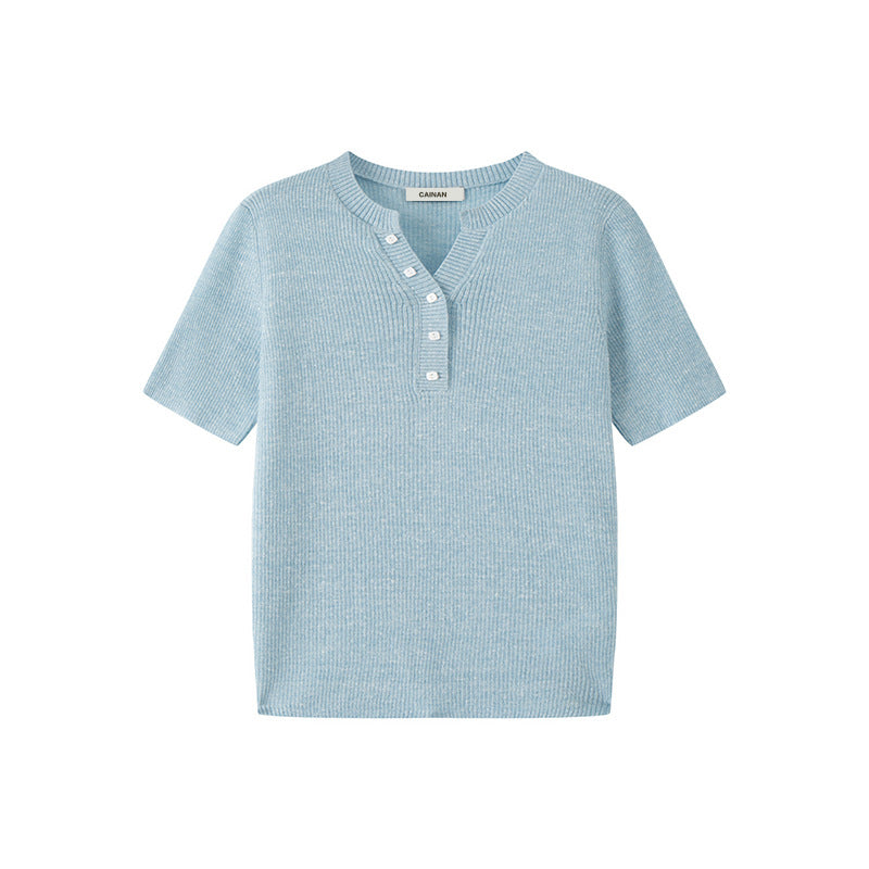 Women's Custom Blue V-Neck Short Sleeve Wool Knit Sweater | OEM/ODM Knitwear Manufacturer