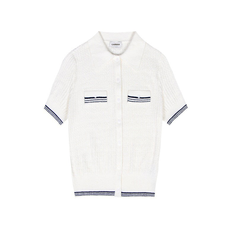 Women's Custom White Polo Collar Short Sleeve Cotton Knit Sweater | OEM/ODM Knitwear Manufacturer