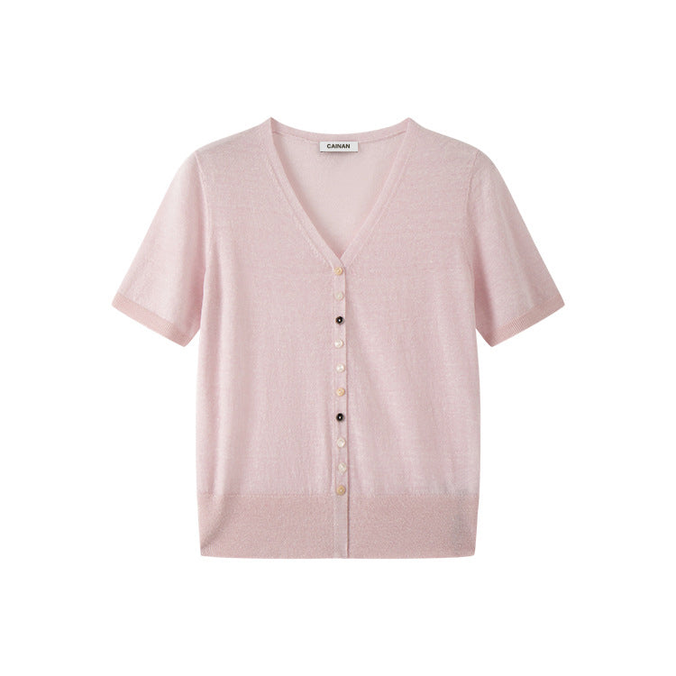 Women's Custom Blue V-Neck Short Sleeve Button-Front Wool Knit Cardigan | OEM/ODM Knitwear Manufacturer
