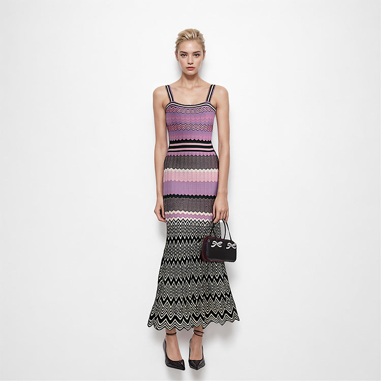 Women's Custom Stripe Straight Neck Sleeveless Knit Maxi Dress | OEM/ODM Knitwear Manufacturer